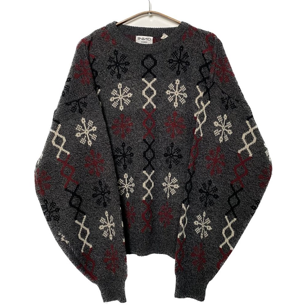 Vintage Graphic Sweater Men XL Grey Red Snowflake Geo 80s 90s Intarsia Retro